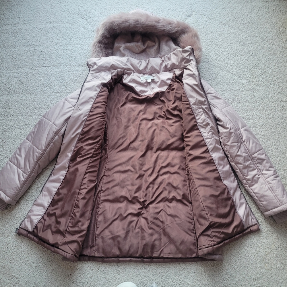 Like New Liz Claiborne Women's Mauve Quilted Jacket with Faux Fur Hood Size L - Picture 13 of 13